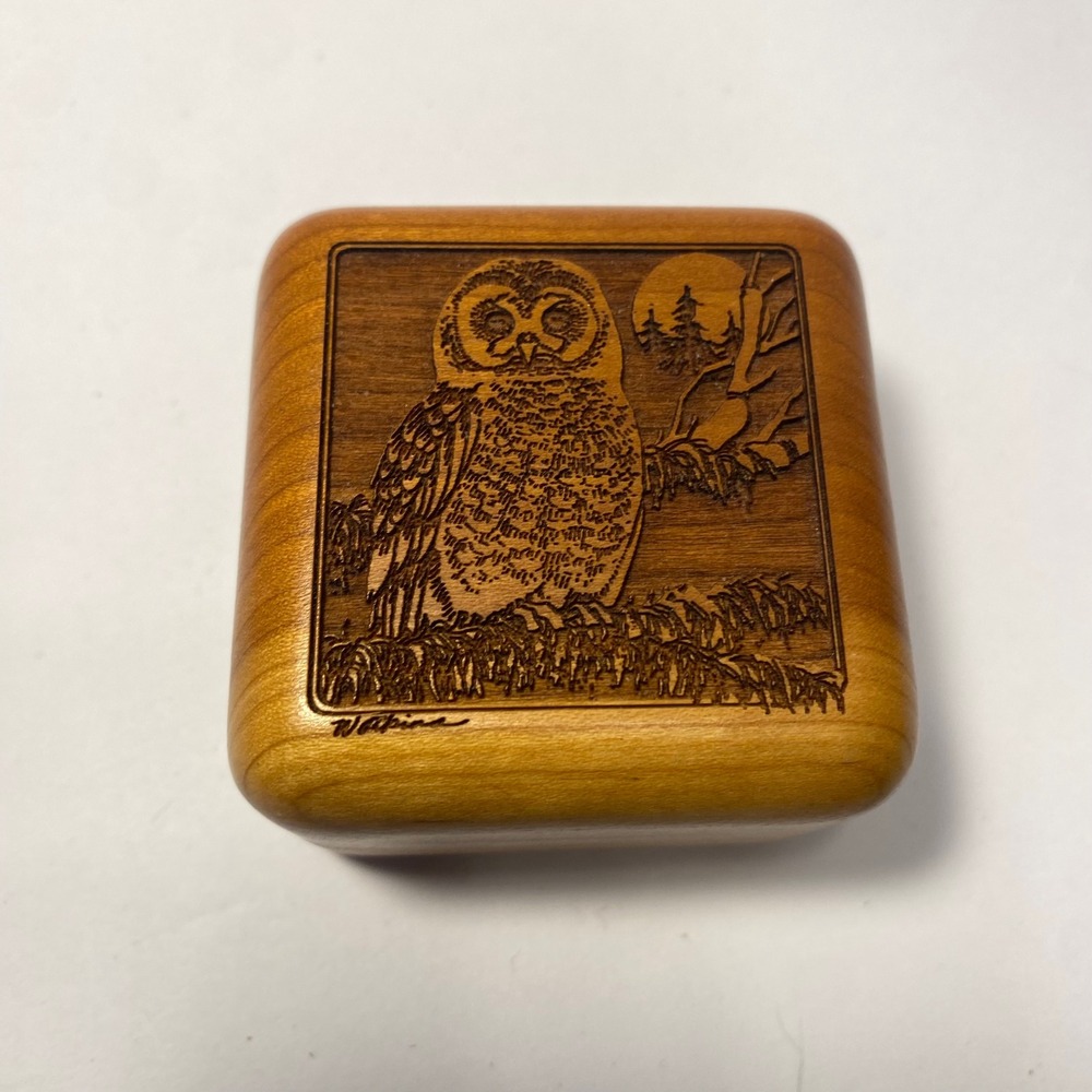 Beautiful Watkins Wood Trinket Box‎ Owl Detail Etched Lined Jewlery